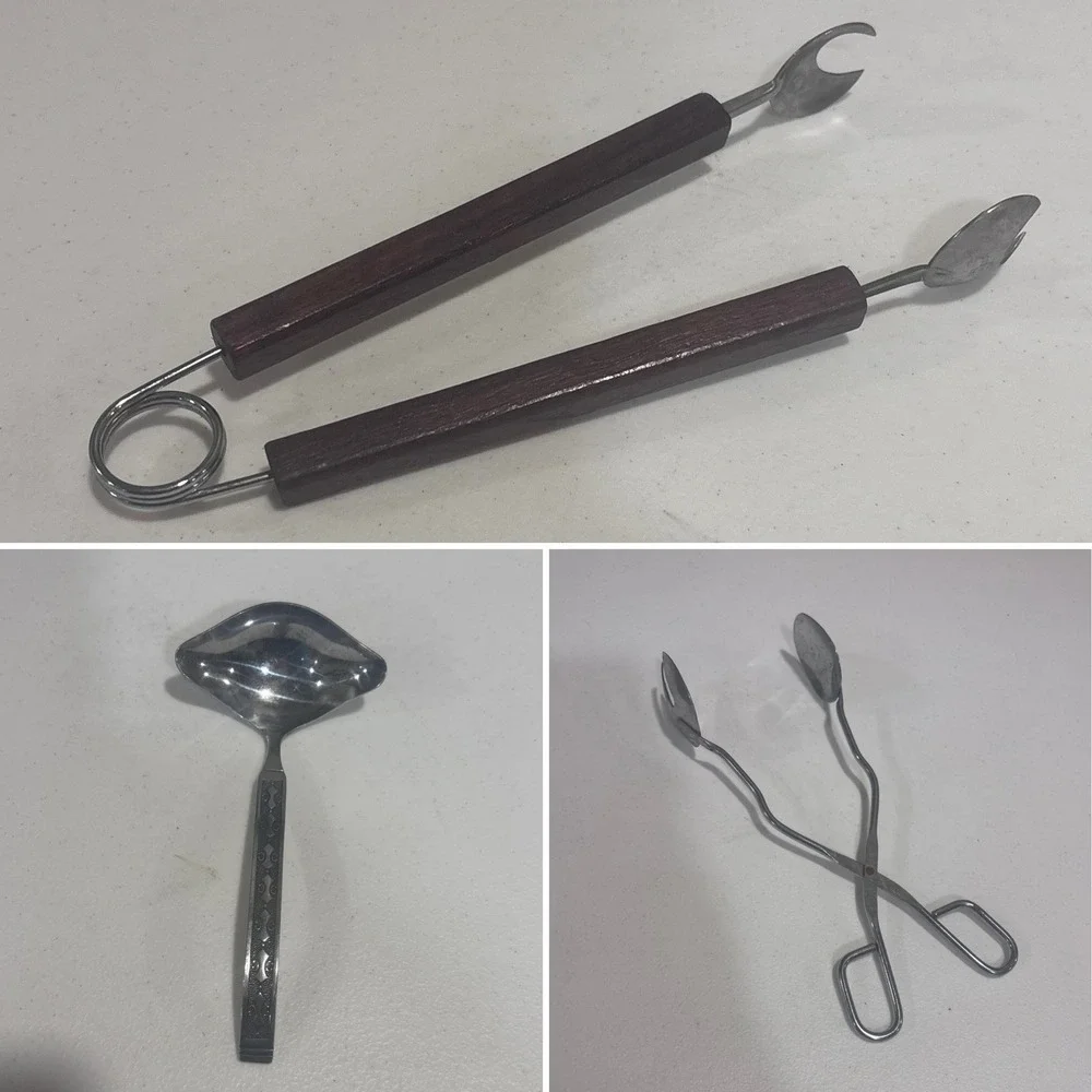 Vintage Serving Set Wood Handle Tongs Scissor Tongs and Silver Tone Ladle 3pc